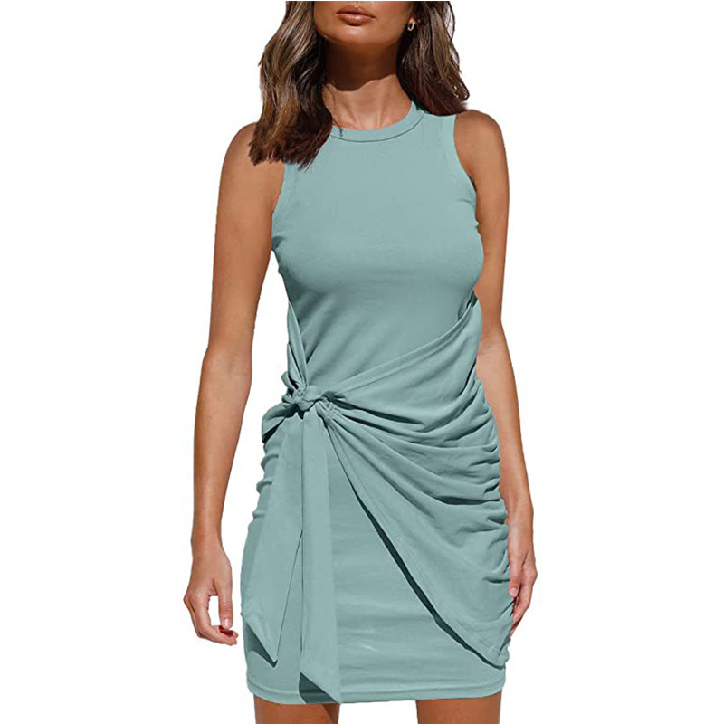 Summer Womens Dress Sleeveless Round Neck Ruched Asymmetrical Design Casual Wear Wholesale Available