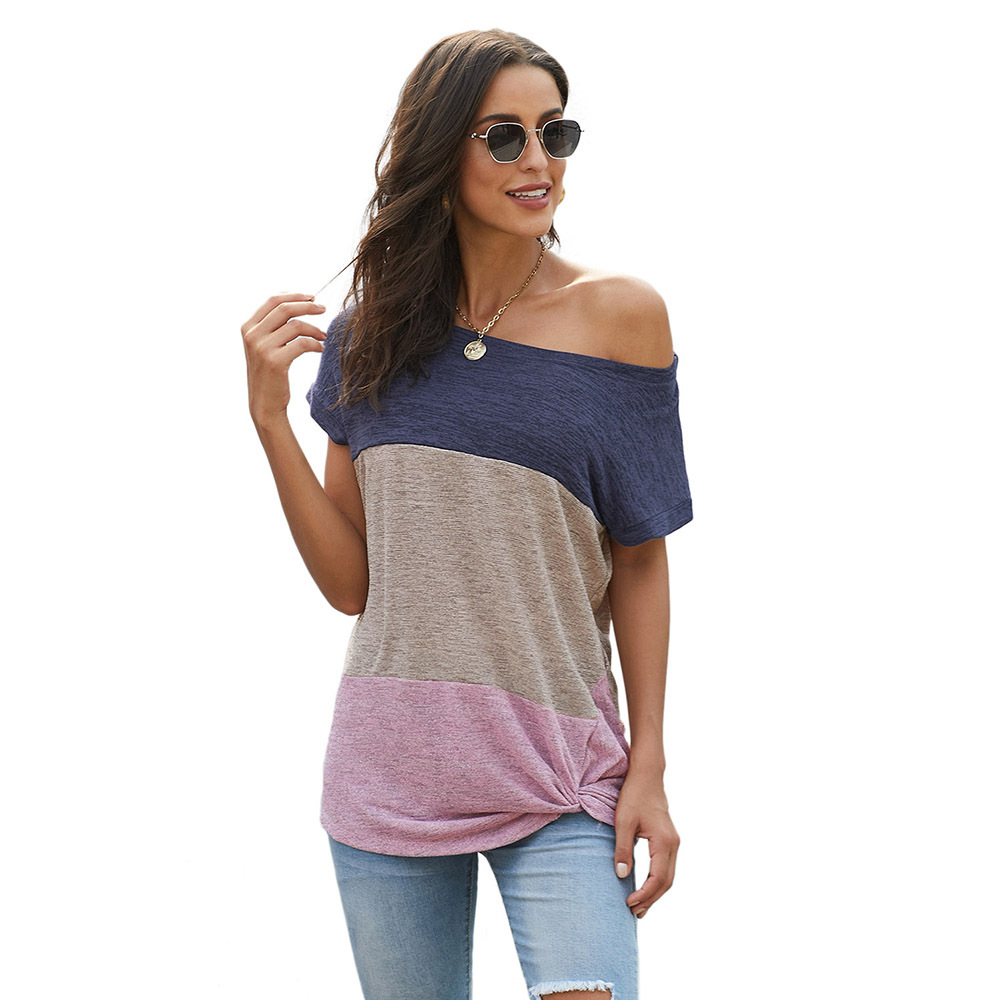Color Block Asymmetrical Neck Short Sleeve Top Loose Fit Casual Style Perfect for Spring and Summer Wholesale