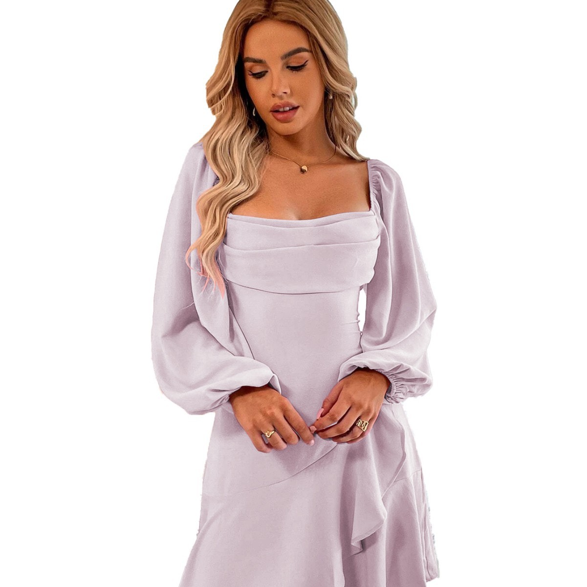 Fresh and Sweet Vacation Ruffle V neck Puff Sleeve Waist Slim Long Sleeve Short Dress