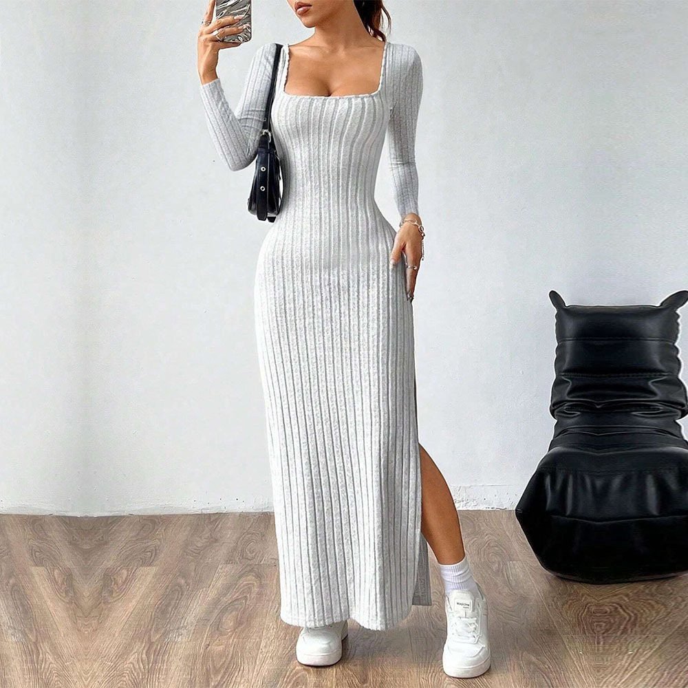 Simple Elegant Women's Dress with Square Neck and Backless Design, Long Sleeve Mid length Dress for Autumn and Winter