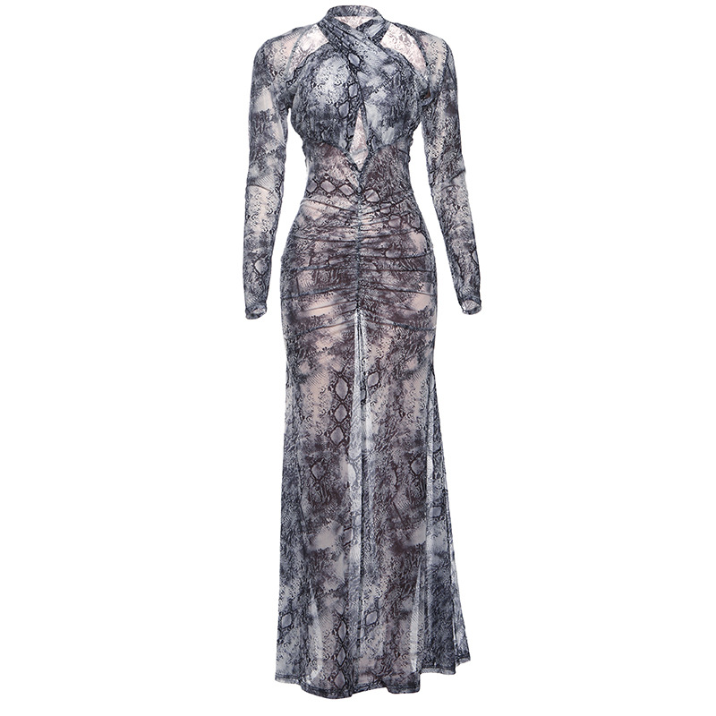 European and American Foreign Trade Autumn Fashion New Women's Hollow Neck Personality Snake Print Sexy Dress