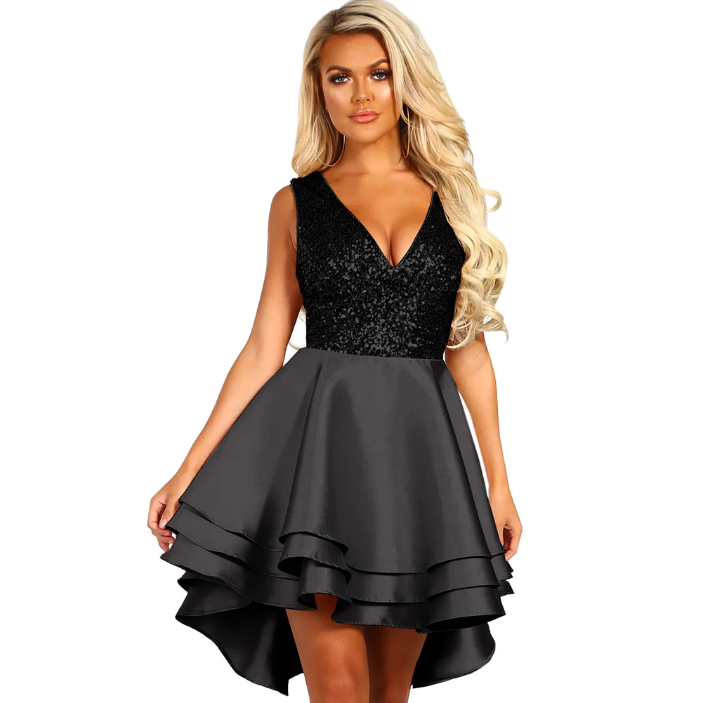 Sequin Evening Dress Sexy V Neck Sleeveless High Waist A Line Asymmetrical Hem Perfect for Parties and Formal