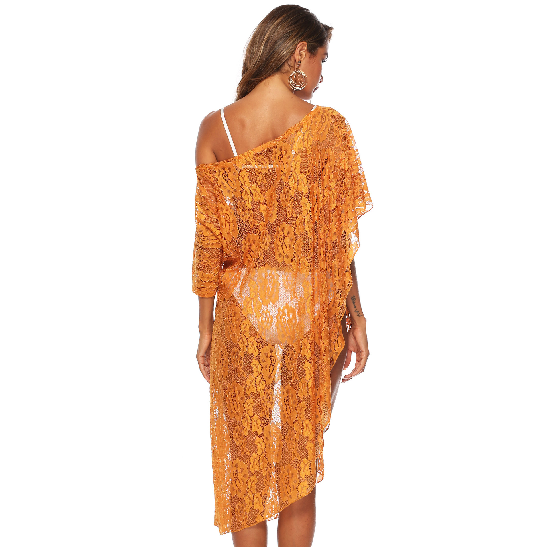 Sheer Lace Beach Cover Up Dress Irregular Asymmetrical Design Sexy Style Lightweight Fabric Summer Swimwear