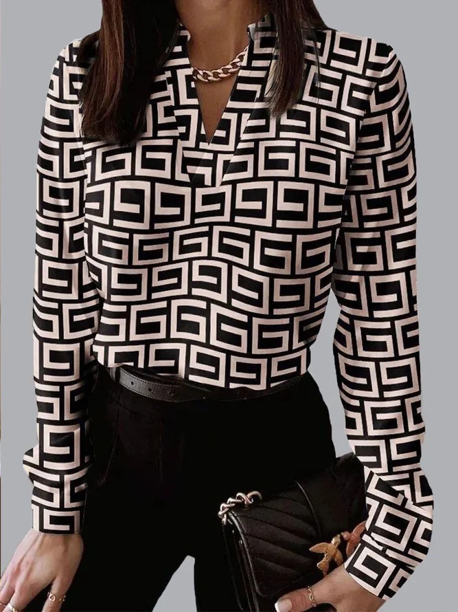 V Neck Geometric Print Long Sleeve T Shirt Womens Fashion Casual Style Comfortable Fabric Wholesale Available