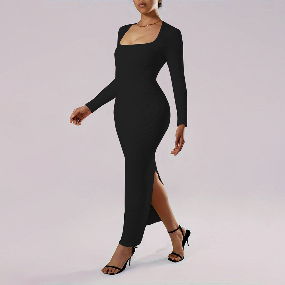 Square Neck Slim Fit Long Sleeve Knitted Bodycon Dress for Autumn and Winter