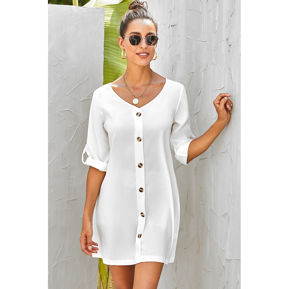 Womens A Line Dress Loose Fit V Neck Button Design Three Quarter Roll Up Sleeves Plus Size Autumn Fashion