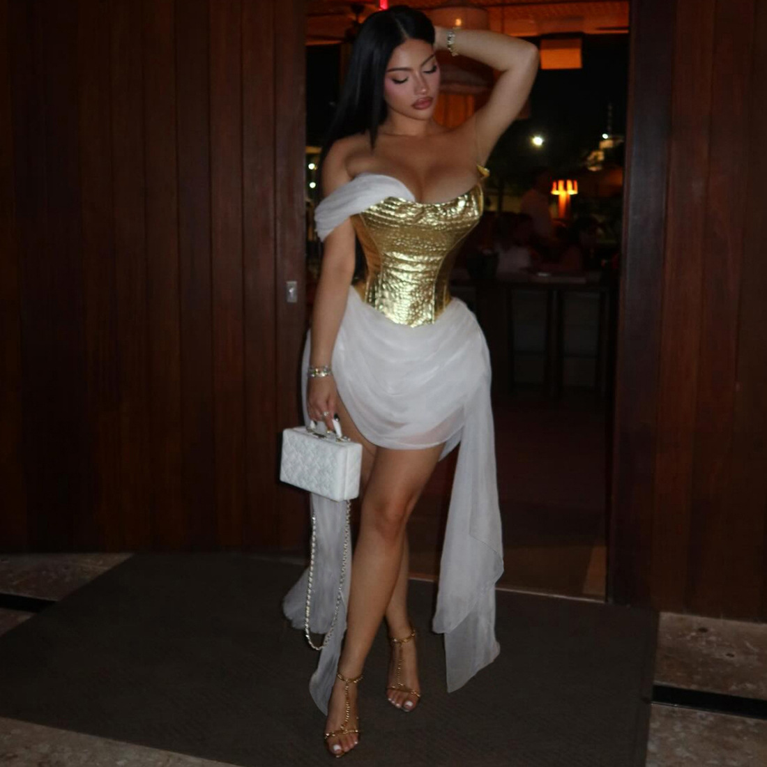 European and American Spring New Women's Fashion Dress with Golden Shiny Mesh Splicing, Stylish Ribbons, and Sexy Design