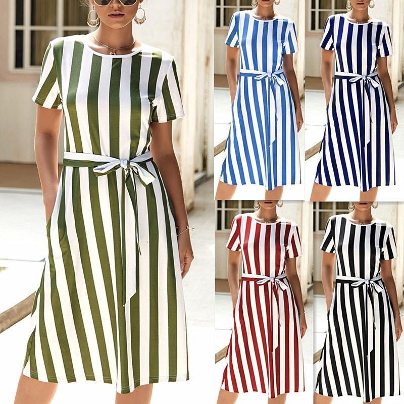 Striped Dress Short Sleeve Tie Detail Summer Style Perfect for Casual Outings Wholesale Available