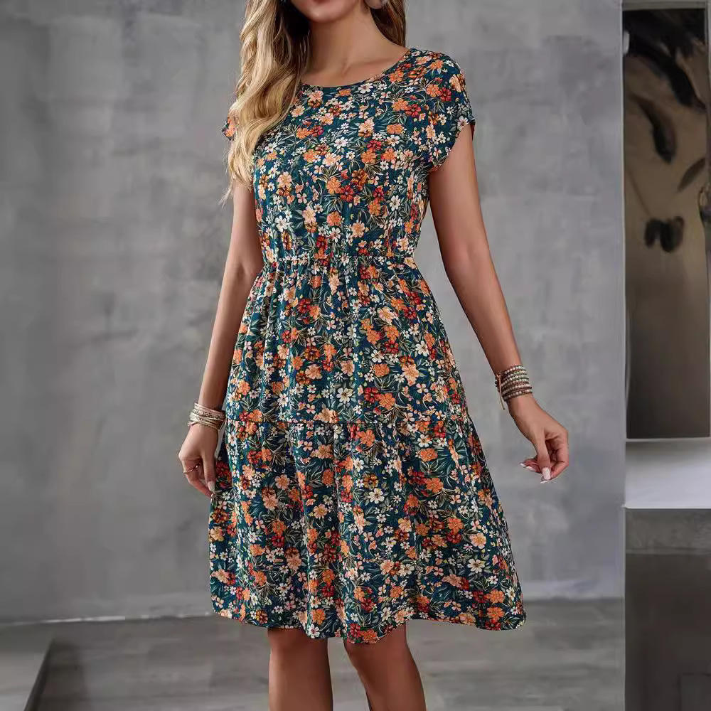 Elegant Floral Print Short Sleeve Dress Round Neck Comfortable Fabric Versatile Style Perfect for Summer Events