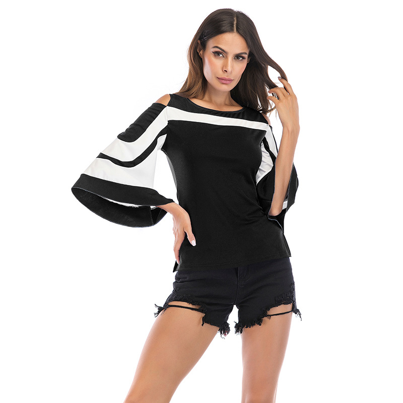 Vintage Color Block Off Shoulder Blouse Bell Sleeves Back Zipper Retro Style Perfect for Casual Outings Wholesale