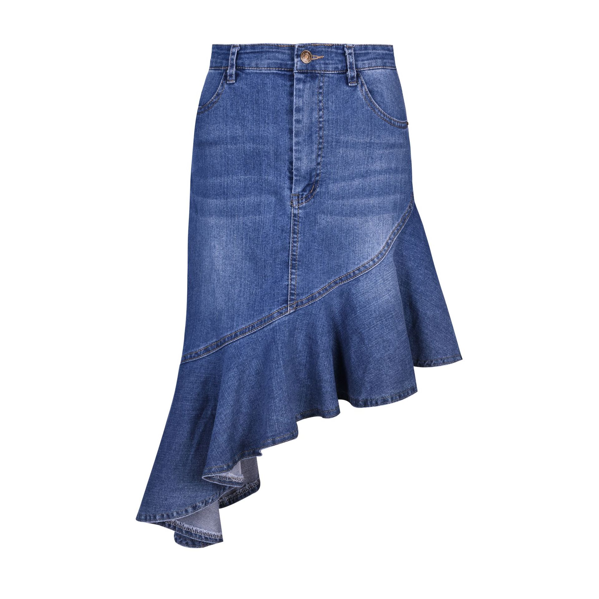 High Waisted Ruffled Hem Denim Skirt Trendy Womens Fashion Casual Wear for Spring and Summer Wholesale Available