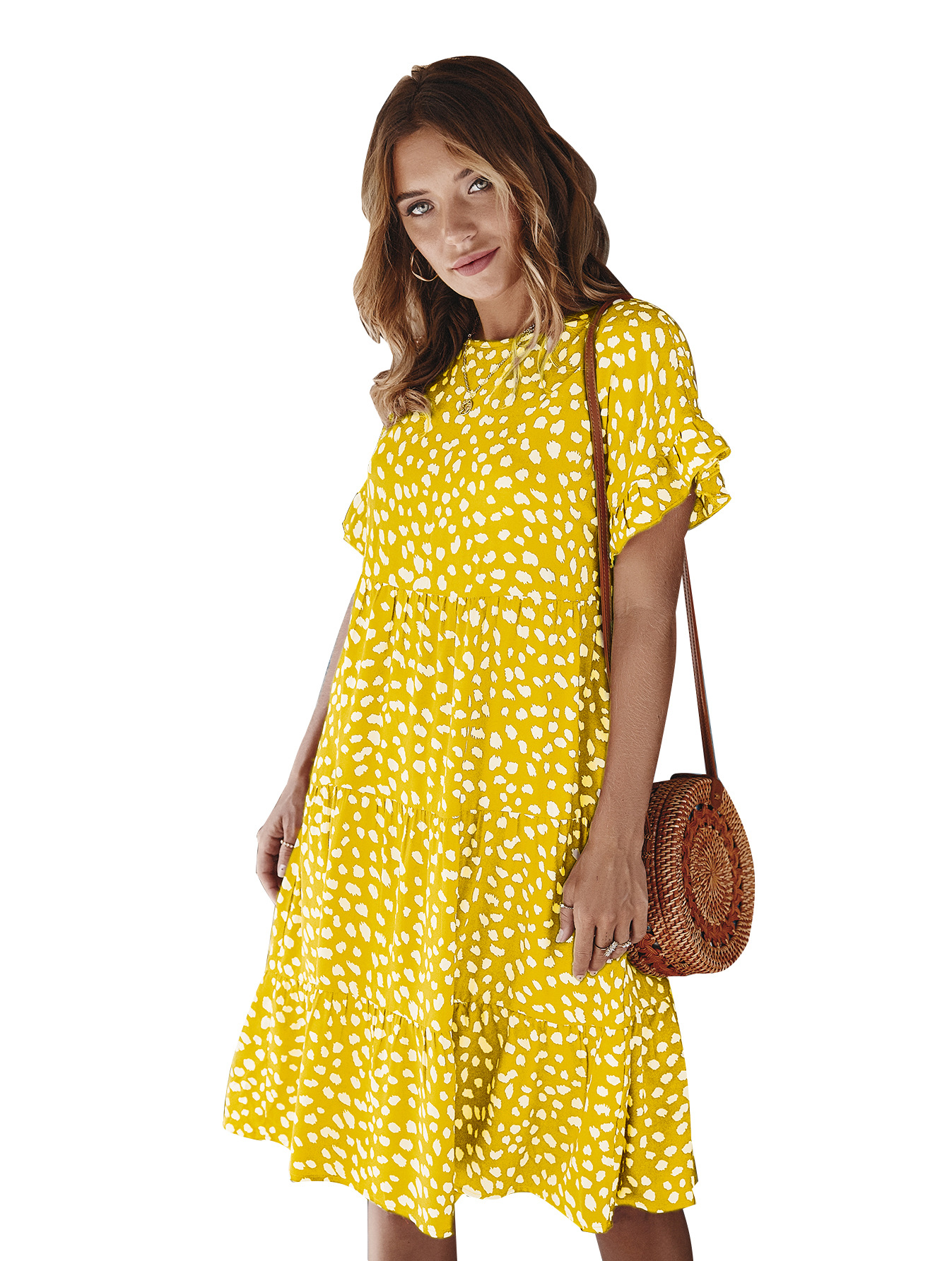 Designer Spring Dress Ruffle Sleeve Polka Dot Elegant Fit Perfect for Casual Outings Wholesale Available