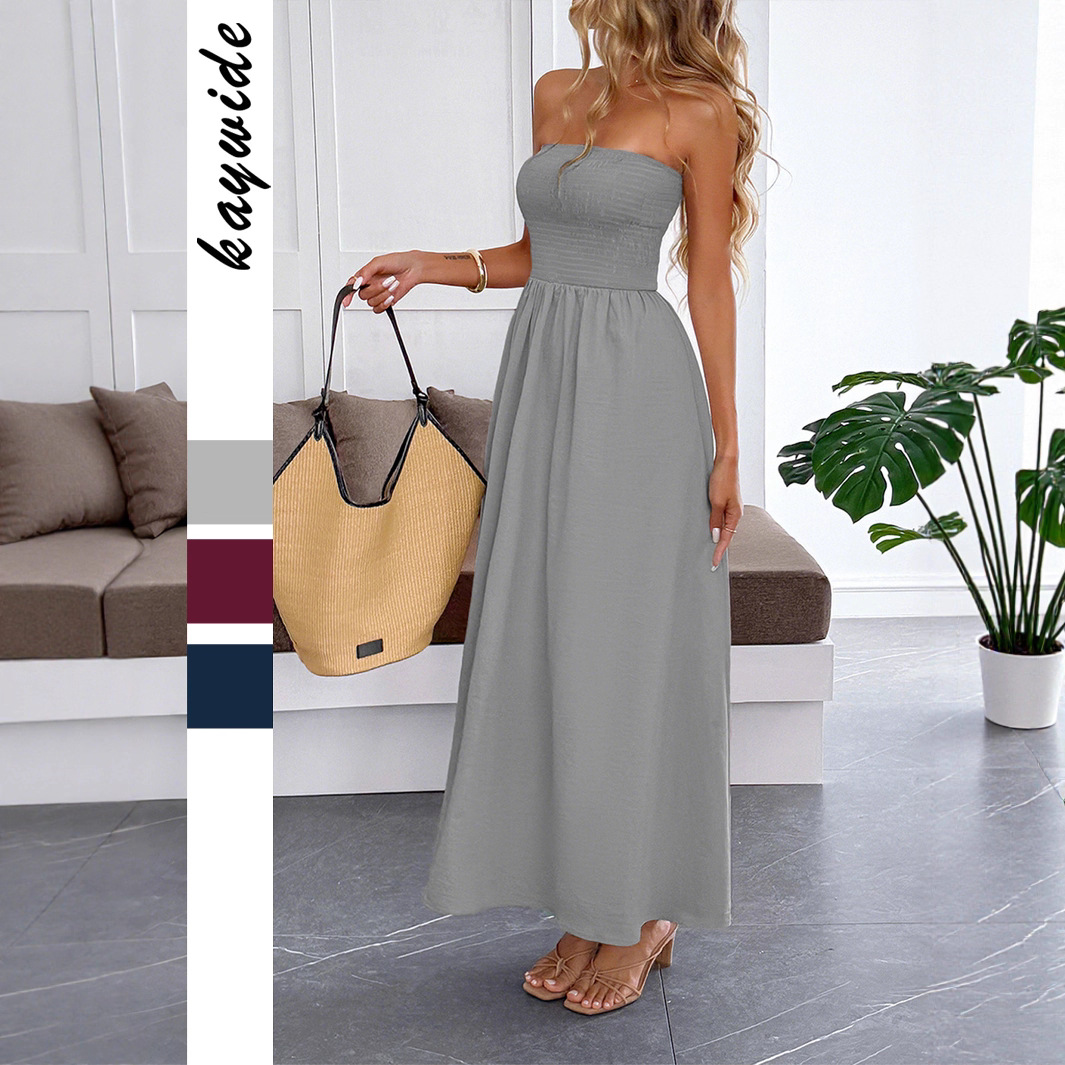 Casual Vacation Strapless Waist Cinch Long Dress for Women Autumn Winter