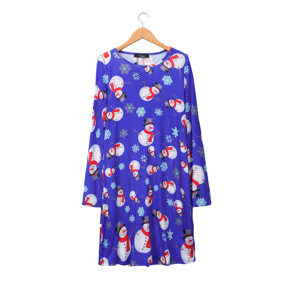 A Line Dress Cartoon Reindeer Print Round Neck Long Sleeve Winter Holiday Wear Wholesale Available