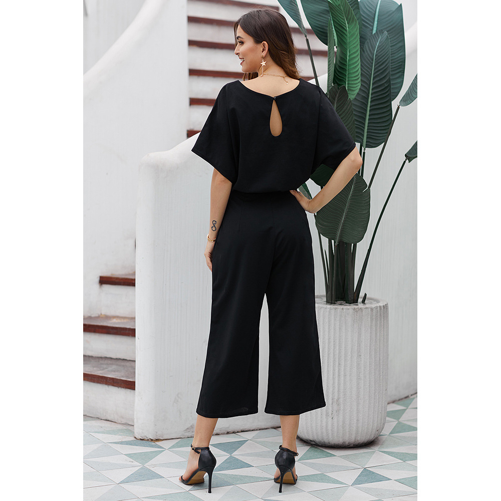 High Waisted Loose Wide Leg Jumpsuit for Women Short Sleeve Solid Color European Style Summer Casual Wear Wholesale