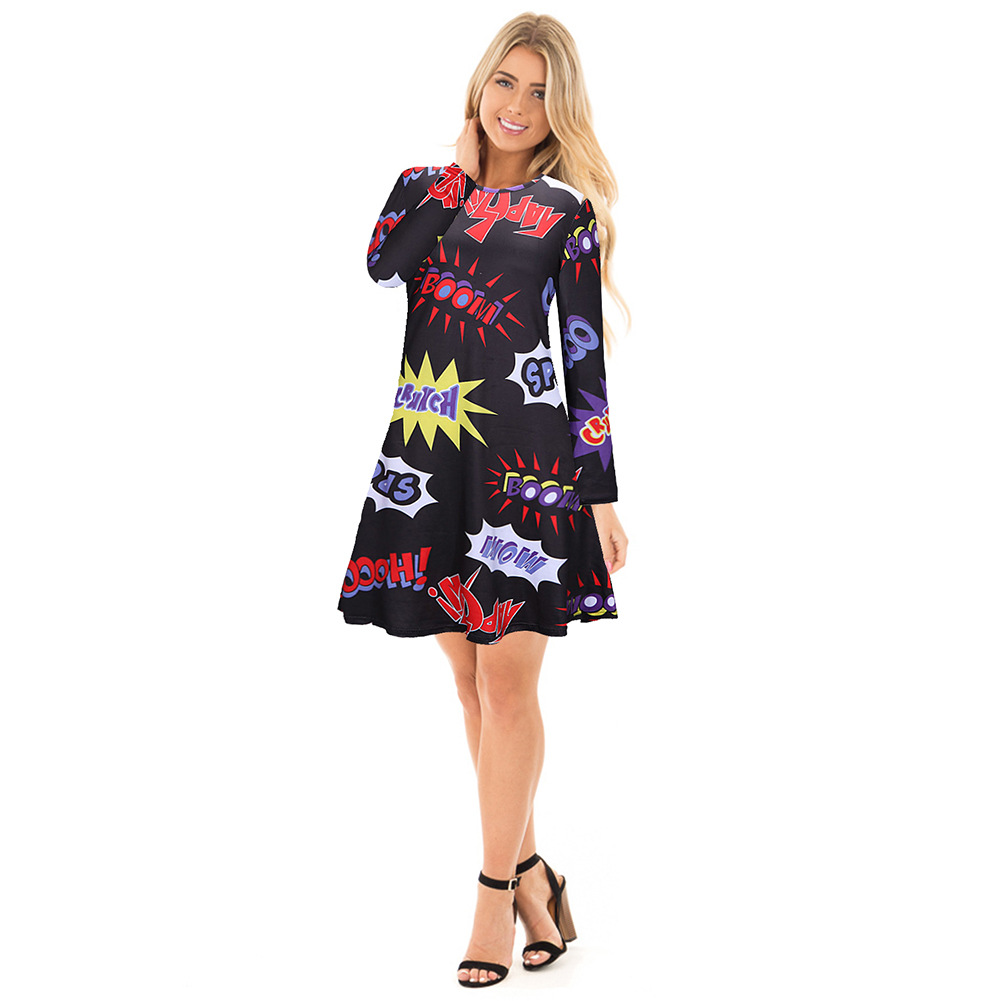 Christmas Cartoon Print Dress Long Sleeve Round Neck Comfortable Fabric Festive Occasion Wear Wholesale Available