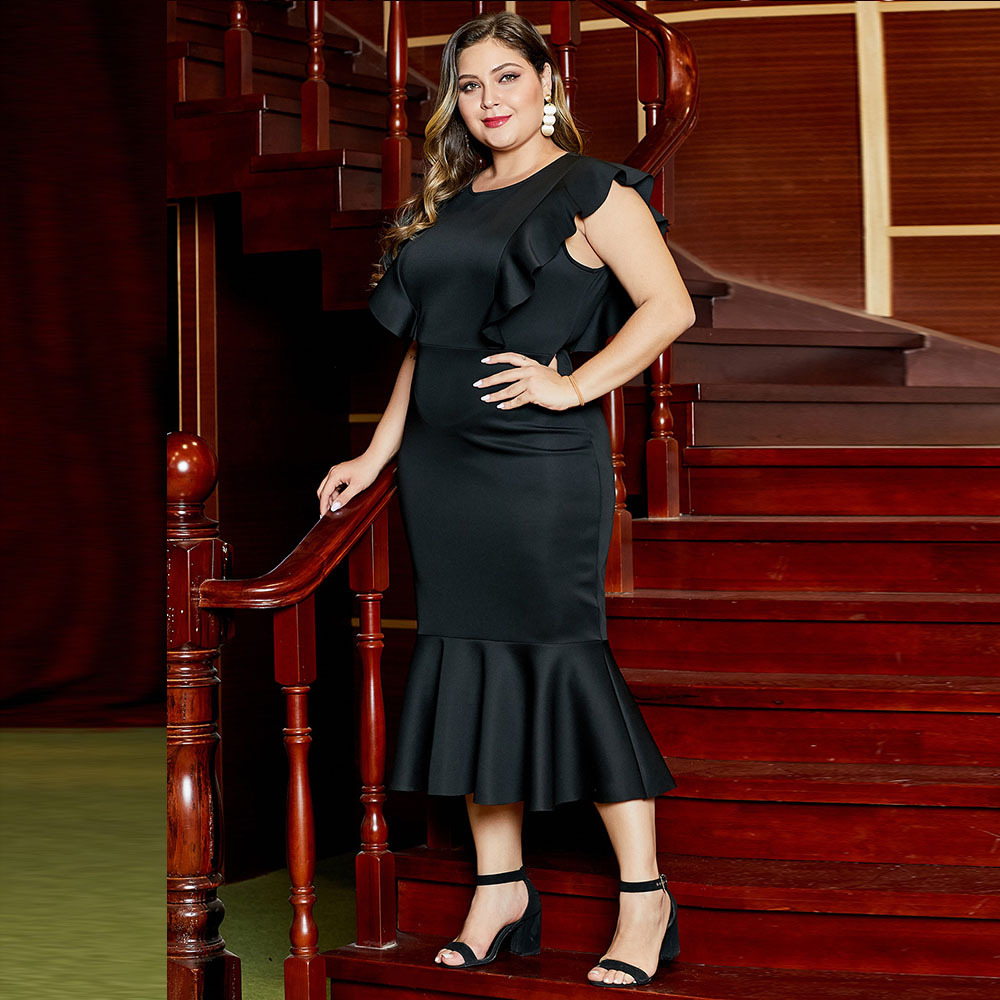 Plus Size Womens Dress Round Neck Ruffle Sleeve High Waist Elegant Cocktail or Party Wear Wholesale Available