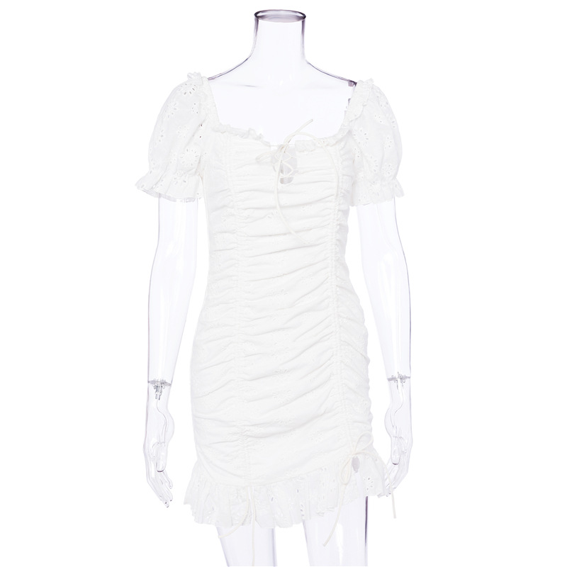 French Ruffle Hem Dress Sexy Hollow Out Lace Up Fitted Pleated Summer Casual Wear OEM Available