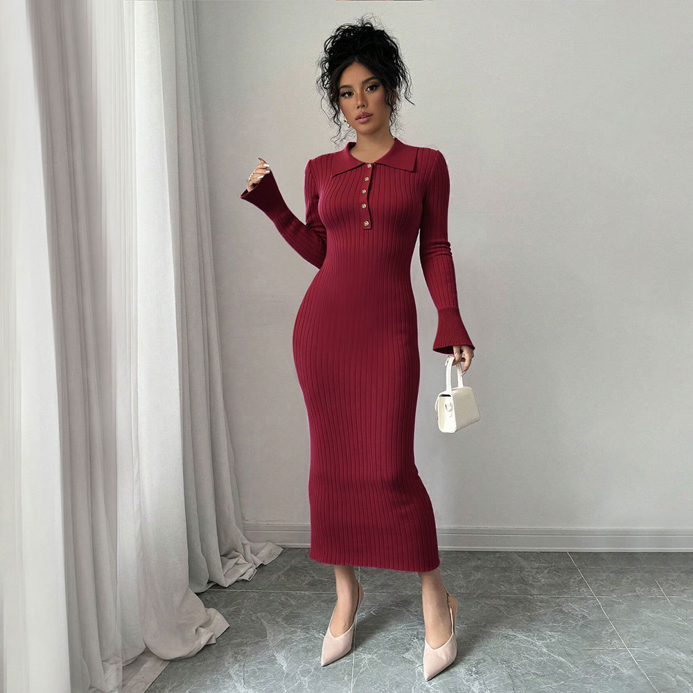 TK Autumn Winter Pure Desire Style Sexy Slim Fit Round Neck Long Sleeve Knitted Bodycon Dress