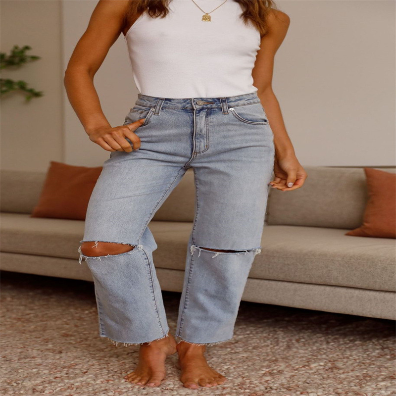 High Waisted Ripped Straight Leg Jeans Light Color Casual Style Suitable for Autumn and Winter Wholesale Available