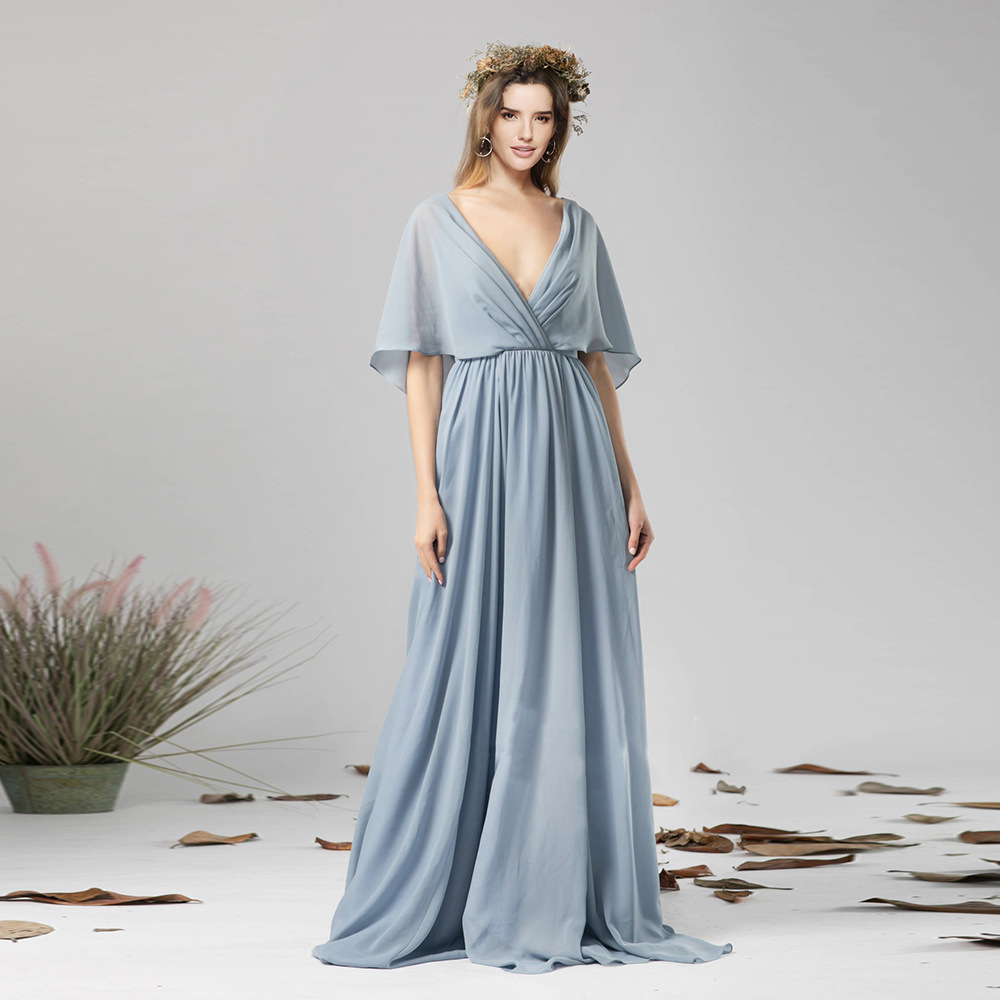 Chiffon Maxi Dress Deep V Neck Open Back Elegant Design Perfect for Parties and Special Occasions Wholesale