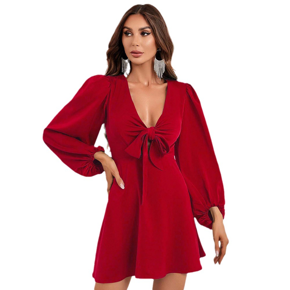 New Sexy Hollow Out Tie Waist Puff Sleeve Dress