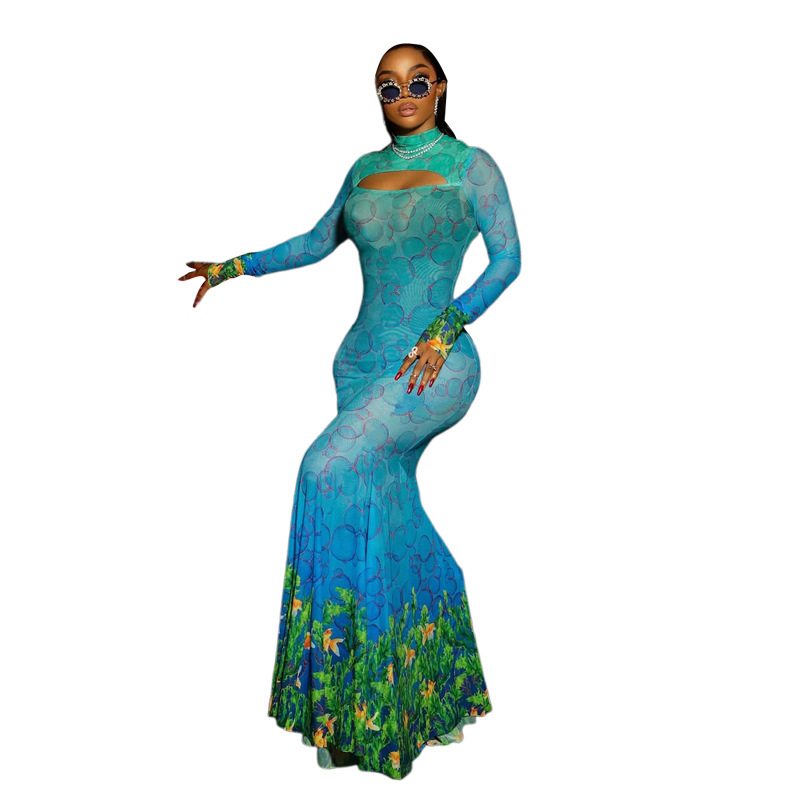 European and American Cross Border Wholesale Autumn Fashion New Women's Personality Printed Hollow Sexy Mermaid Dress