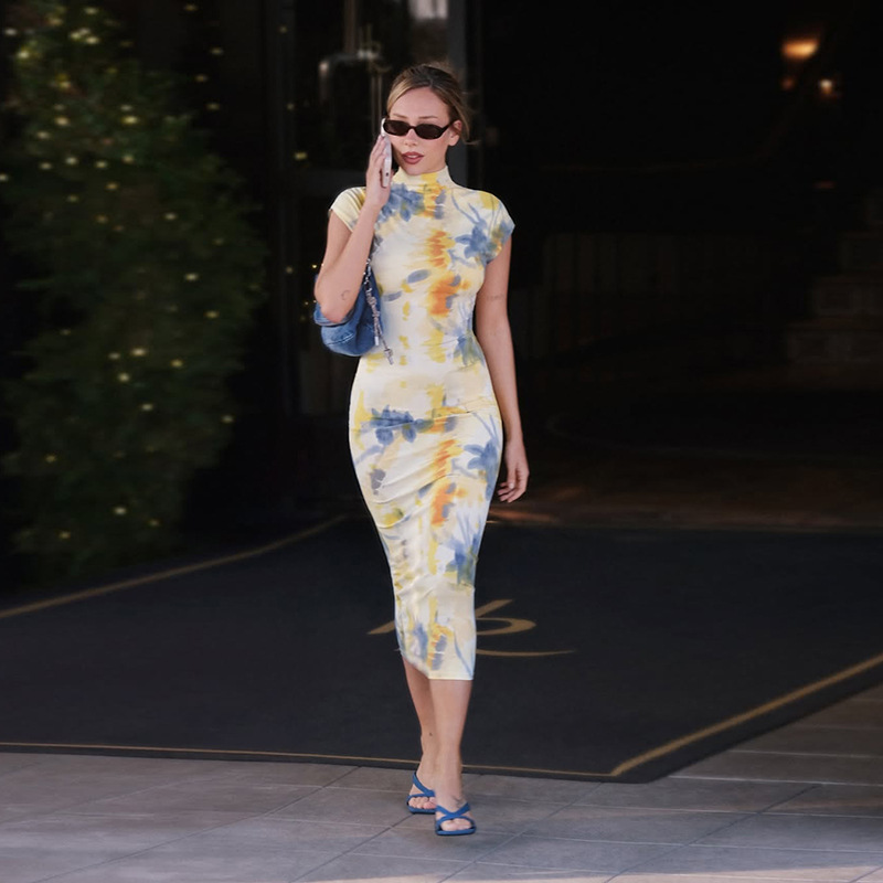 Elegant Floral Color block Printed Half high Neck Short Sleeve Bodycon Dress for Women Spring Summer