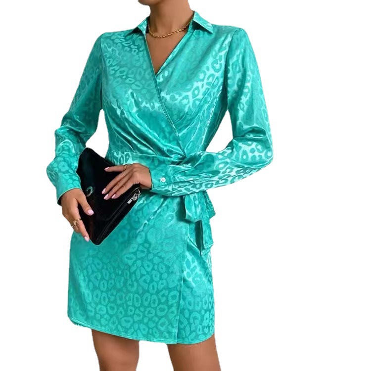 New Cross Border Women's Fashion Commuter Style Tie Sexy Shirt Collar Shirt Short Skirt Leopard Print Dress