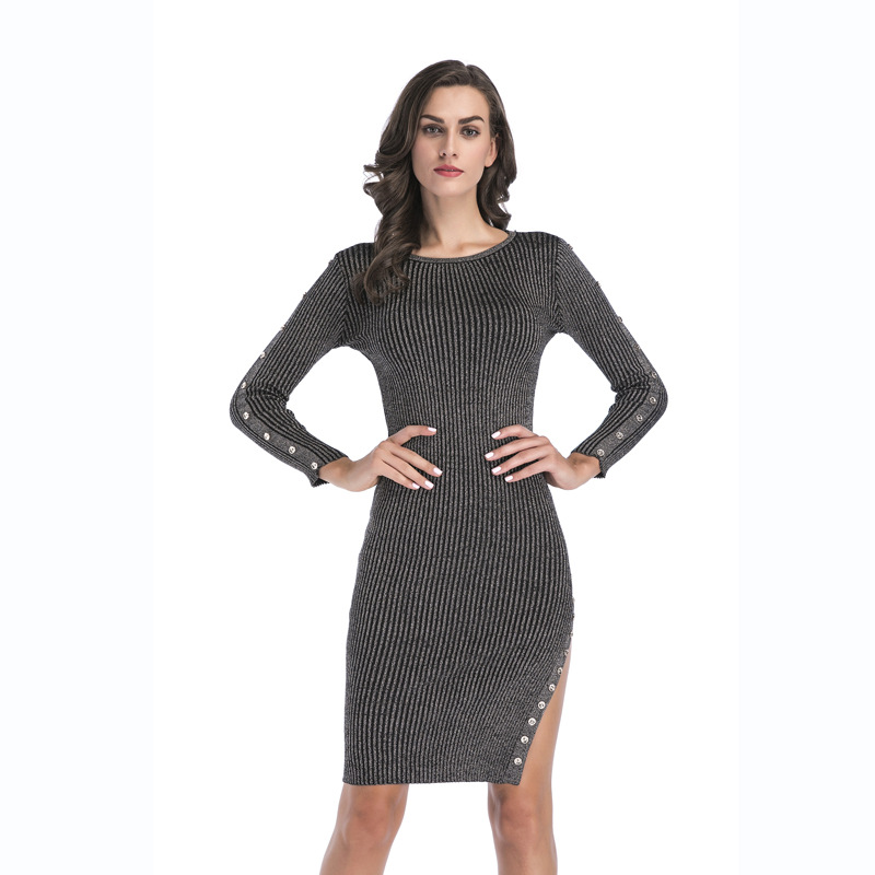 Knitted Midi Dress Button Detail Side Slit Bodycon Fit Spring Fashion for Women Wholesale Available