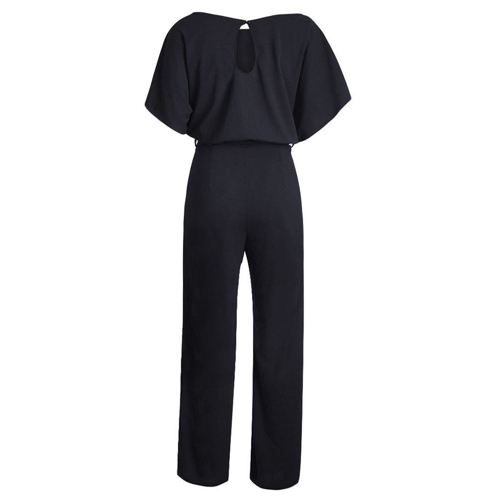 High Waisted Wide Leg Jumpsuit Solid Color Short Sleeve Tie Waist Casual Summer Wear Wholesale Available
