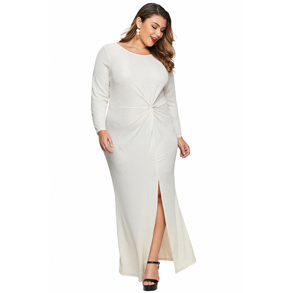 Plus Size Knotted Design Dress Elegant Split Hem Slim Fit Autumn Fashion Perfect for Parties and Special Occasions