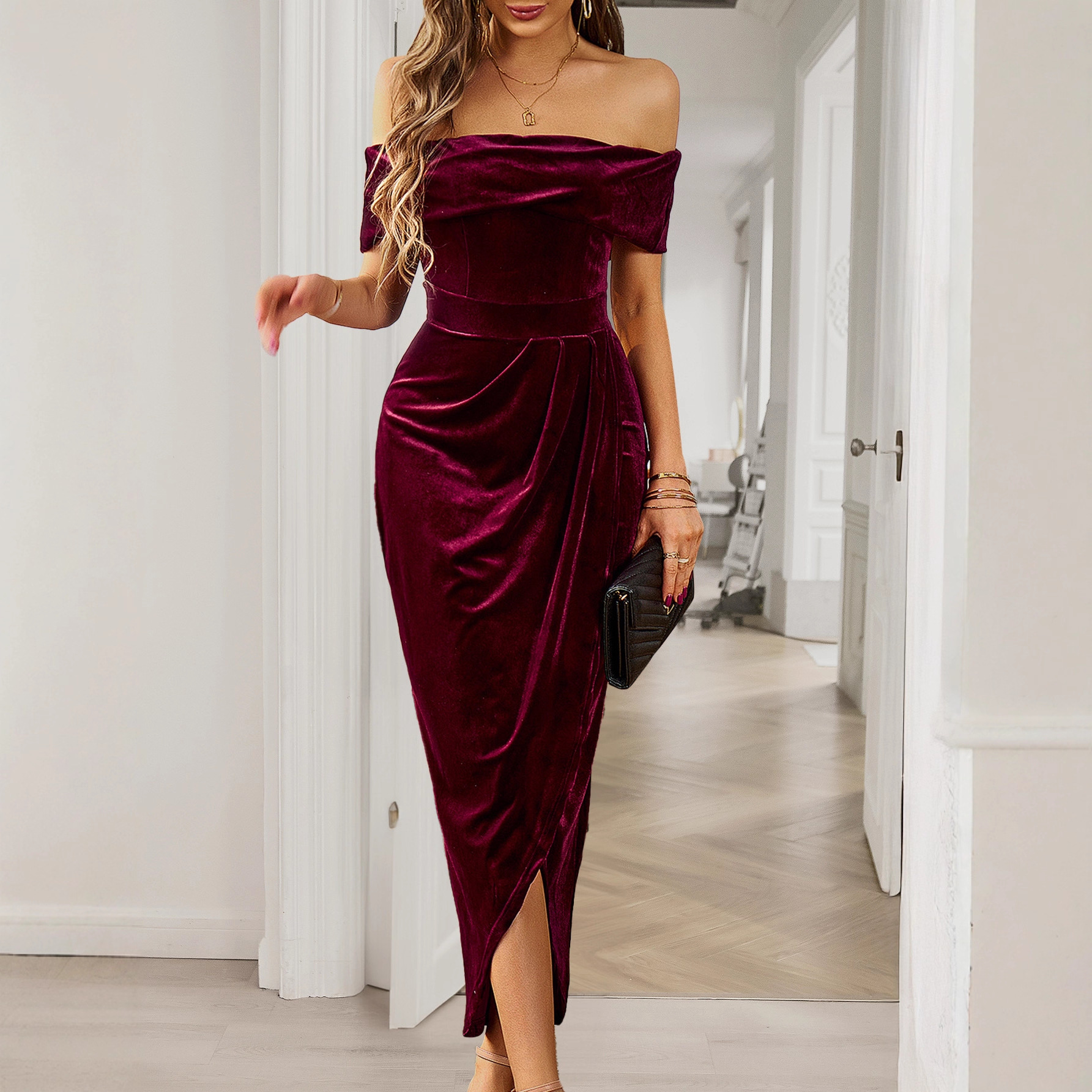 Elegant Strapless Bodycon Long Dress for Women Autumn Winter
