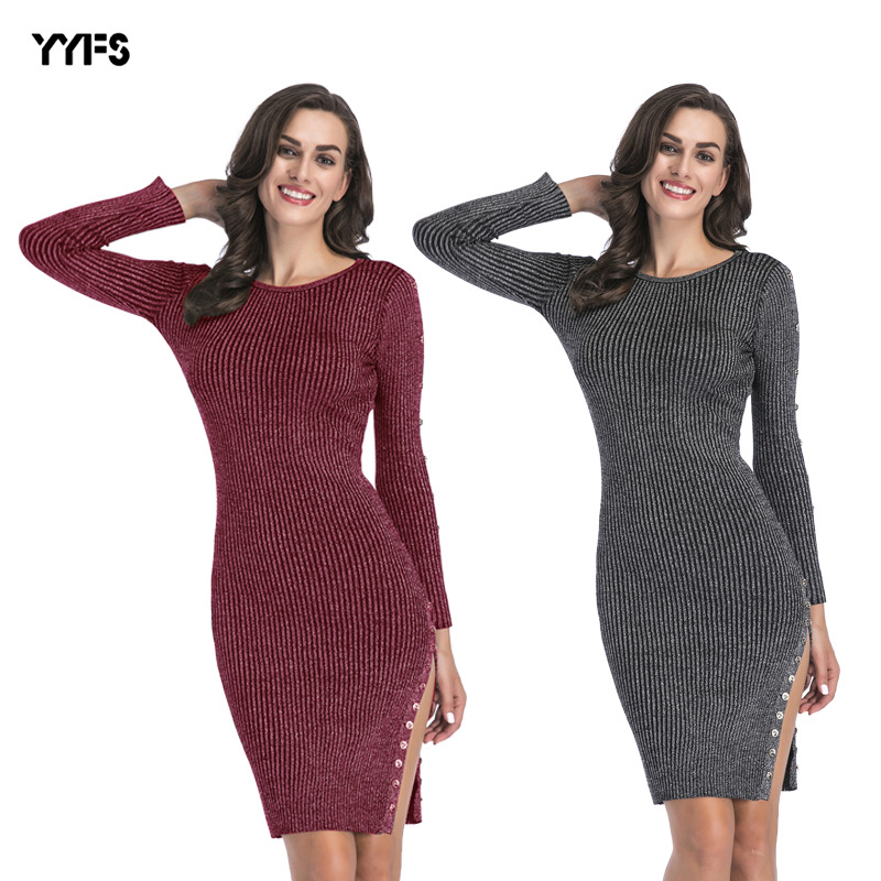 Knitted Midi Dress Button Detail Side Slit Bodycon Fit Spring Fashion for Women Wholesale Available