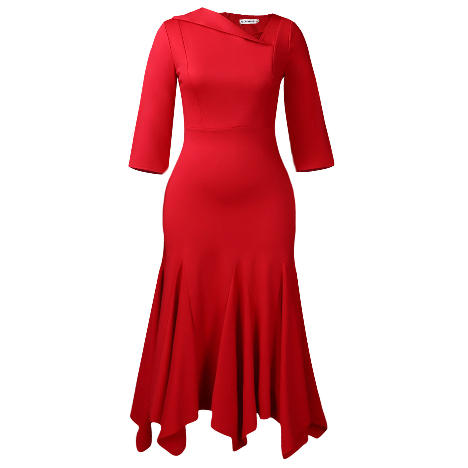 Fashionable Elegant Asymmetrical High Waist Dress with Slanted Neckline and Three Quarter Sleeves for Women, Cross Border Styl