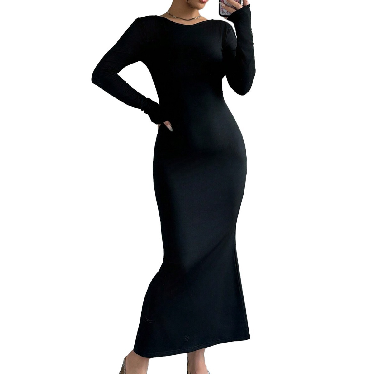 Elegant Backless Maxi Dress High Waist Bodycon Fit Long Sleeve Autumn Winter Fashion for Casual or Evening Wear