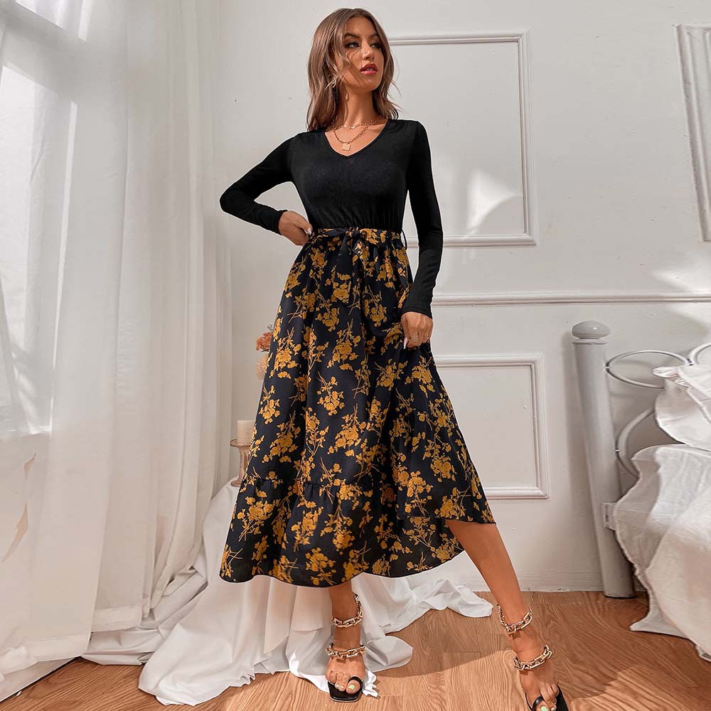 V Neck Floral Midi Dress Fresh and Gentle Style Autumn Winter Vacation Wear Wholesale Available
