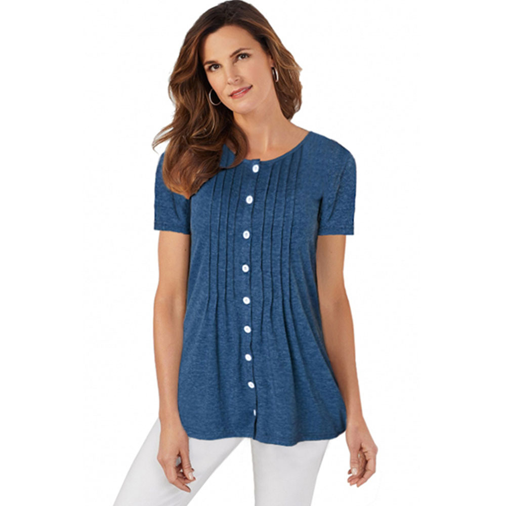 Womens Summer T Shirt Short Sleeve Round Neck Button Detail Pleated Loose Fit Casual Wear Wholesale Available