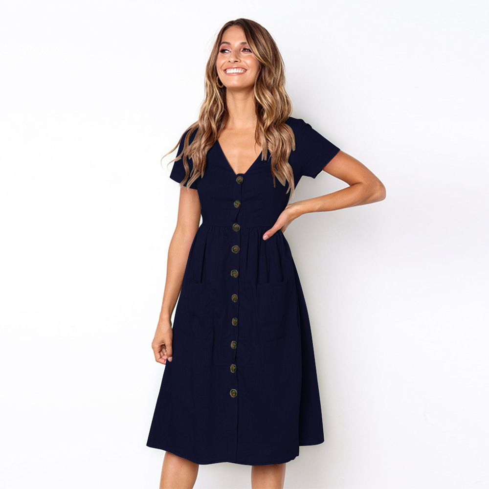 Summer High Waisted Dress V Neck Button Closure Pocket Design Available in Eight Colors Wholesale Supply