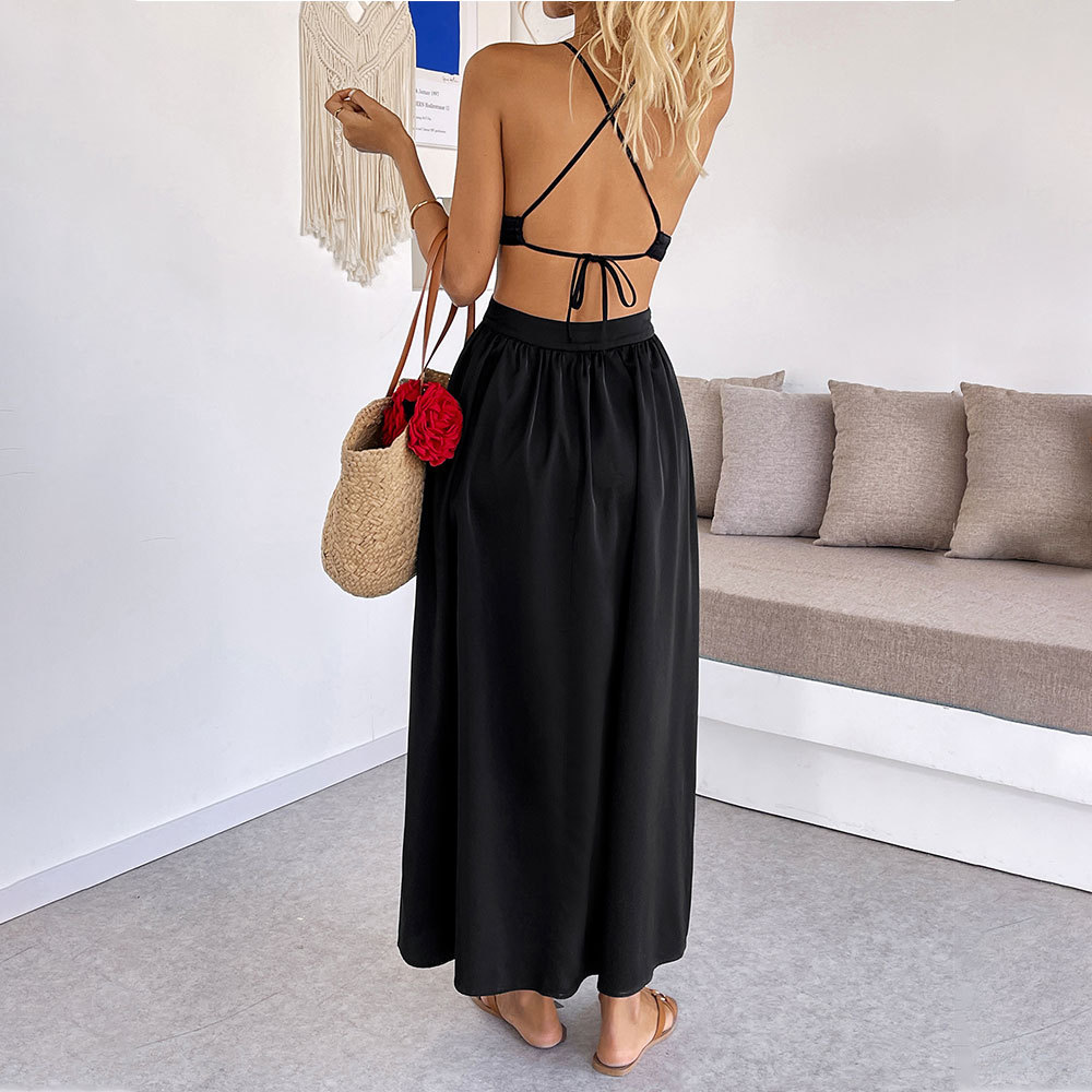 Elegant Black Sleeveless Backless Long Dress for Summer
