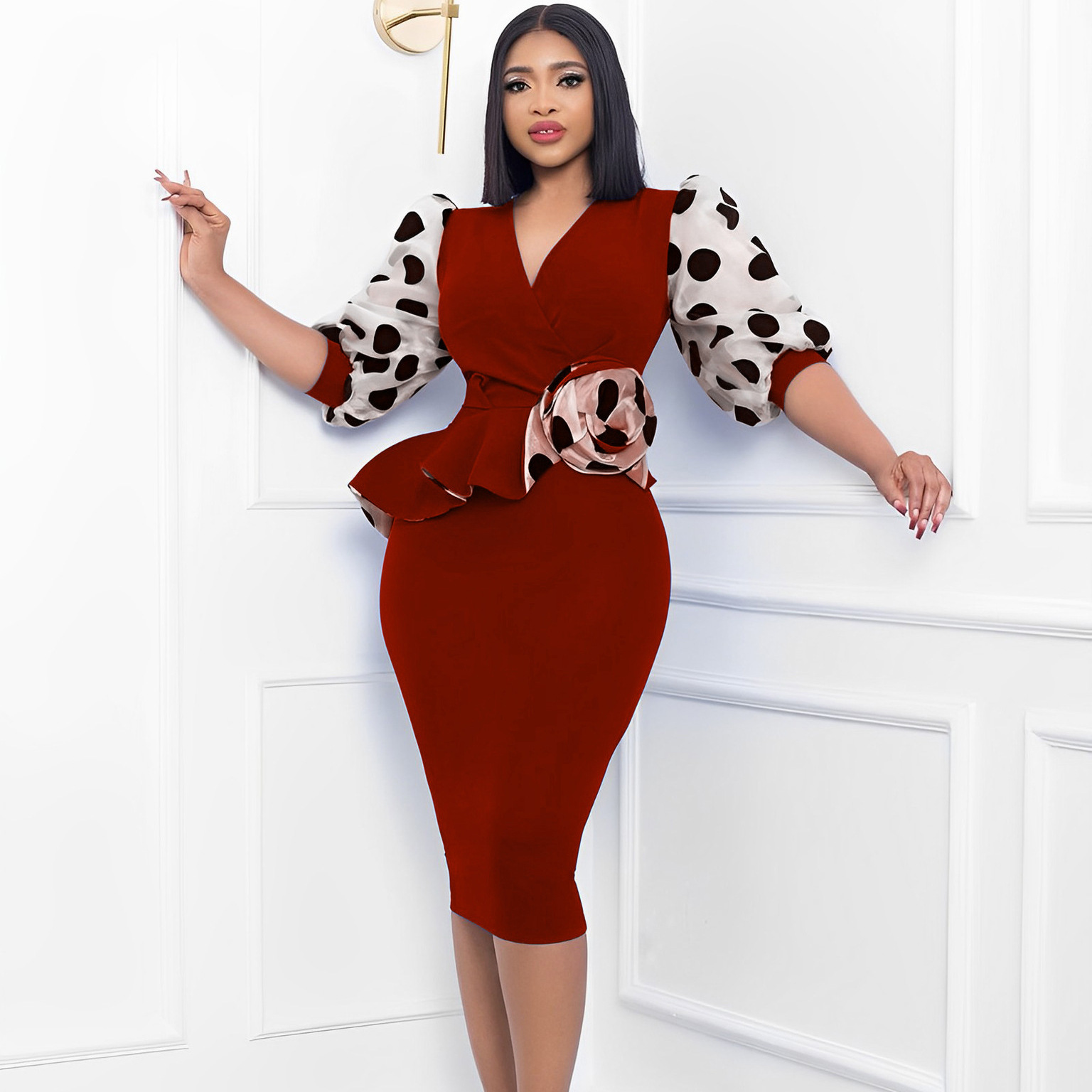 European and American Cross border Women's Clothing Spring and Summer New Splicing OL Temperament Mesh Puff Sleeve Pencil Skirt