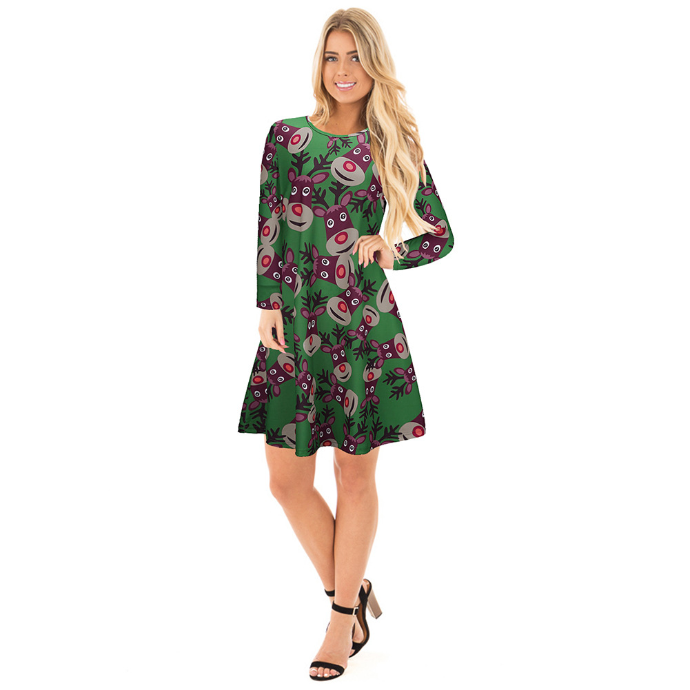 A Line Dress Cartoon Reindeer Print Round Neck Long Sleeve Winter Holiday Wear Wholesale Available