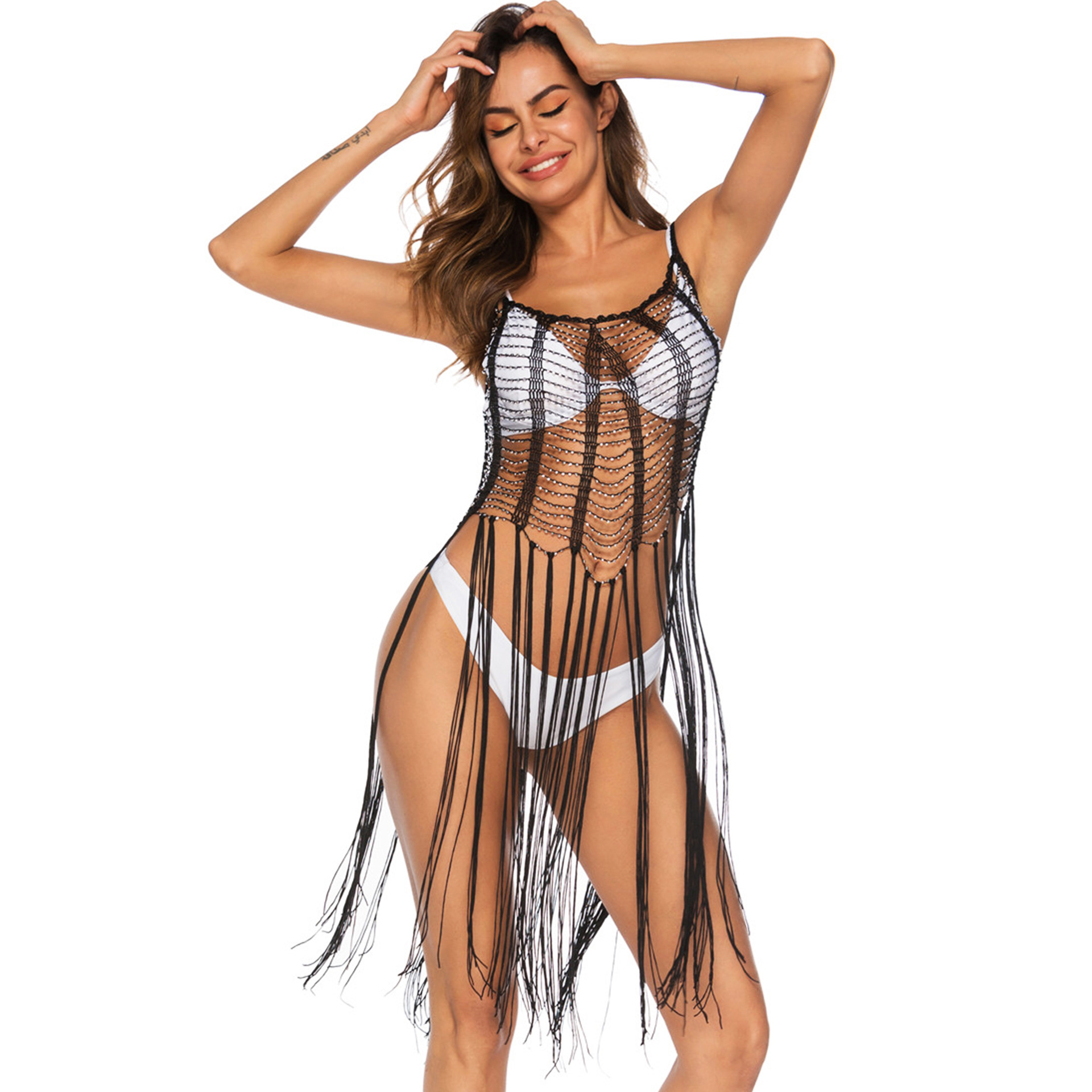 Sheer Lace Cami Dress Sexy Hollow Design Beaded Details Long Fringe Beach Cover Up for Summer Wholesale Available