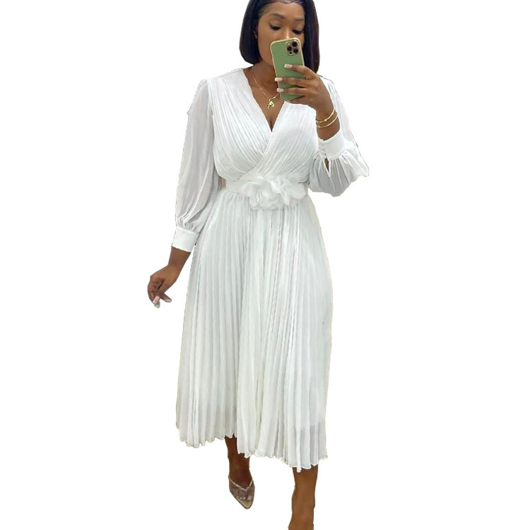 Long Sleeve Solid Color Pleated Dress Waist Defining Elegant Design Perfect for Casual or Formal Occasions Wholesale
