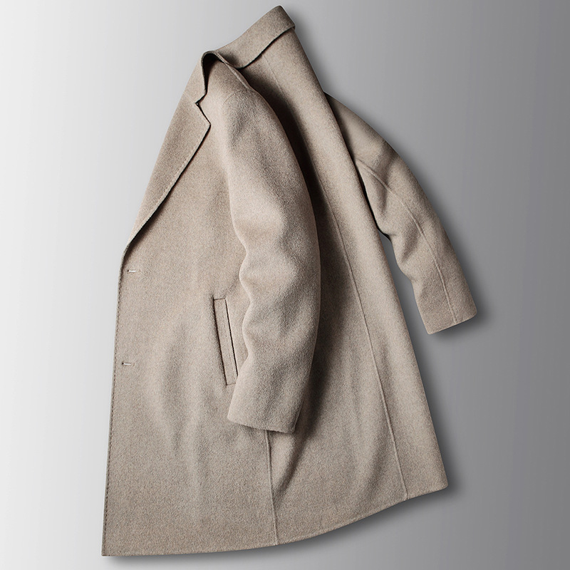 Handmade Double sided Wool Men's Coat Autumn Winter Mid length Youth Luxury Business Wool Overcoat