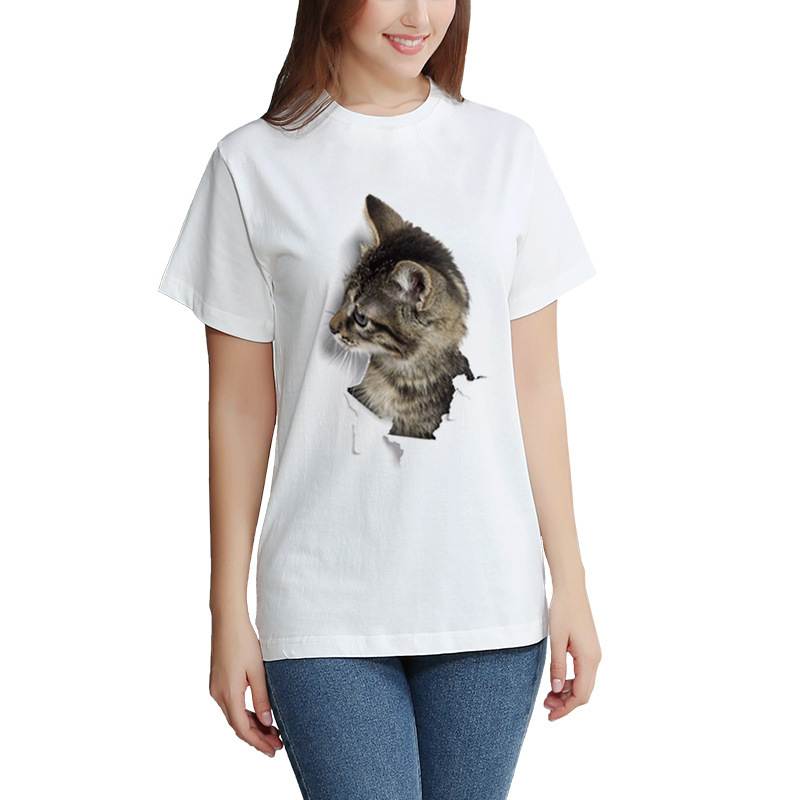 3D Printed Cat T Shirt Casual Summer Style Round Neck Short Sleeve Polyester Fabric Perfect for Couples Wholesale