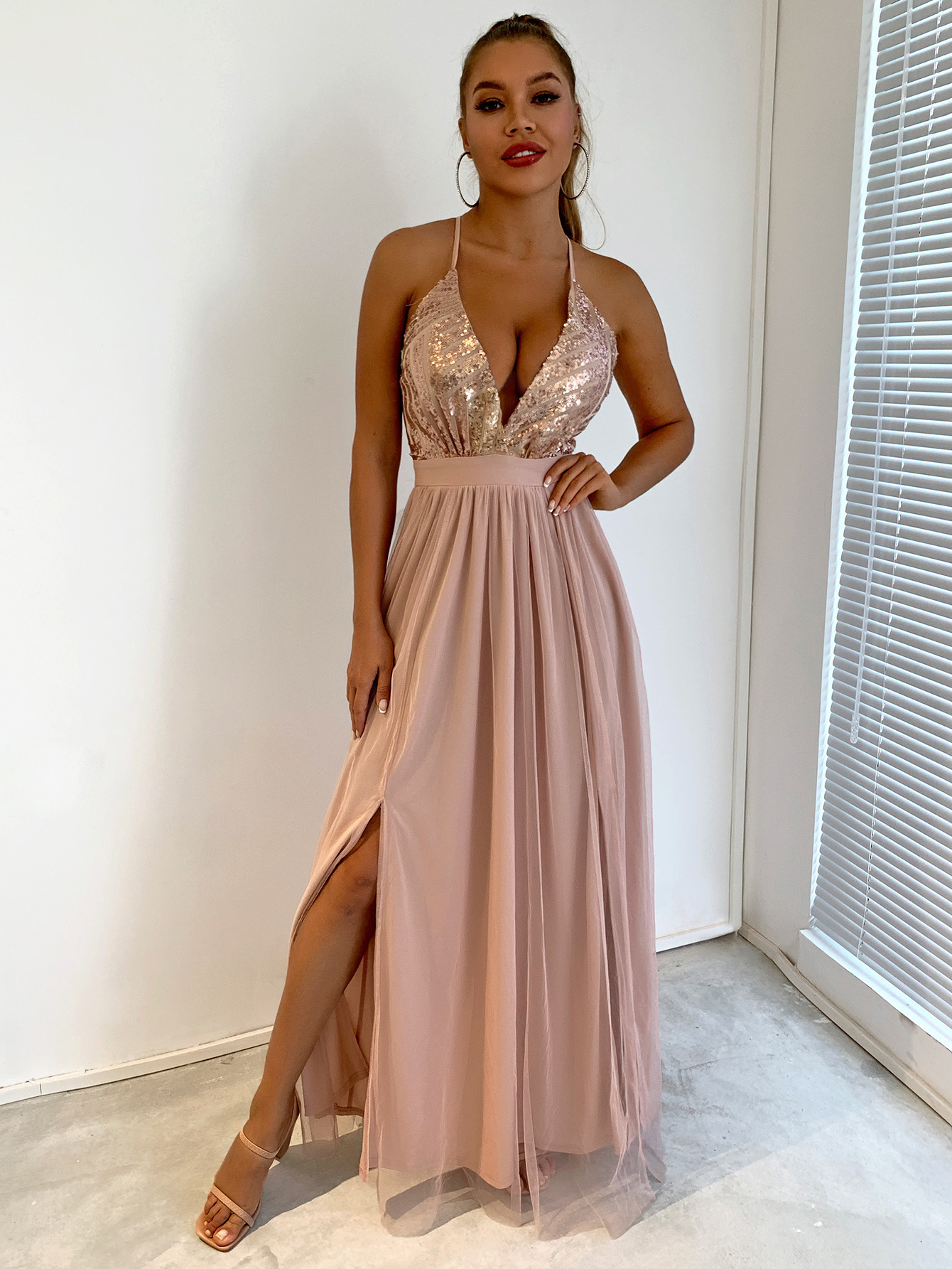 Summer Womens Dress Sexy Spaghetti Strap Mesh Sequin Patchwork High Slit Flared Hem Evening Gown Wholesale