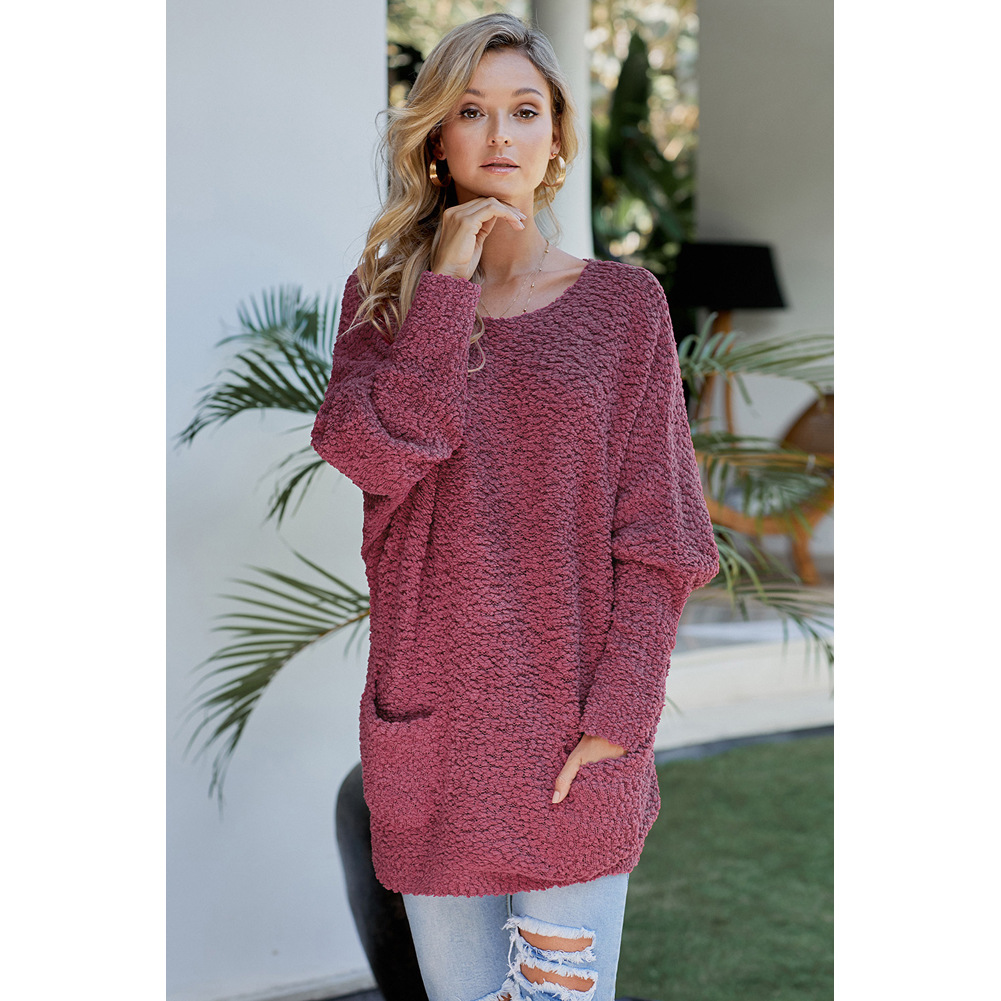 Womens Long Knit Sweater Solid Color Round Neck Long Sleeve Loose Fit Autumn Winter Casual Wear Wholesale