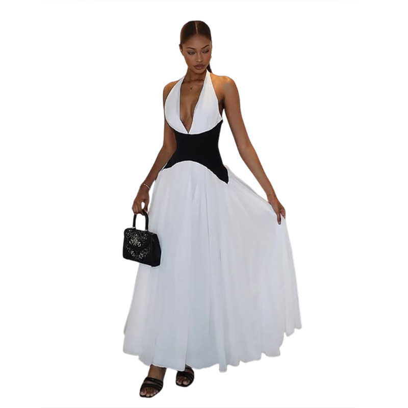 Stylish Summer Women's Dress with V Neck, Halter Neck, Color Block Design, and Waist Cinching Long Skirt for Cross Border Fash