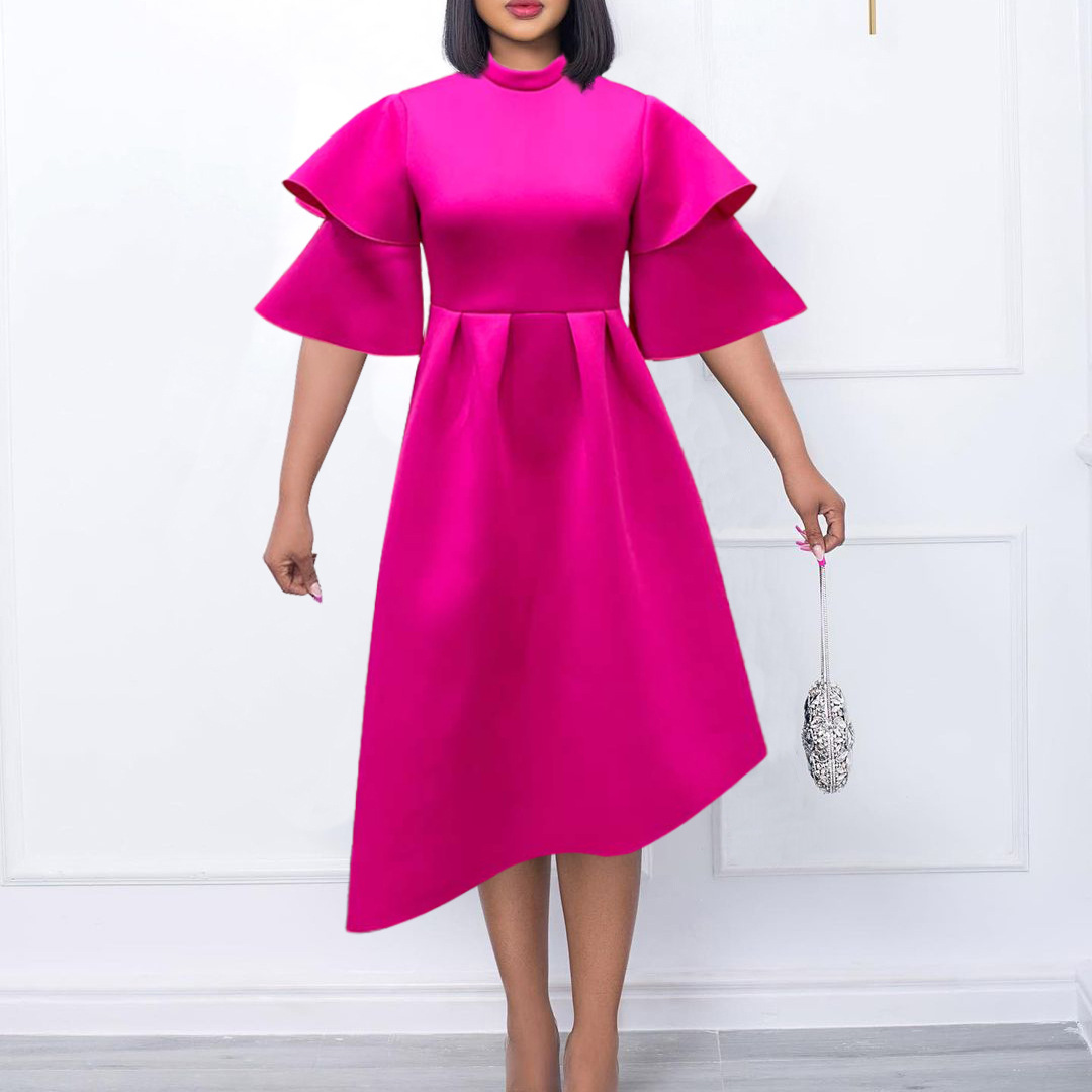 New Women's Dress with Double High Neck, Solid Color, Flared Skirt, Plus Size, Evening Gown